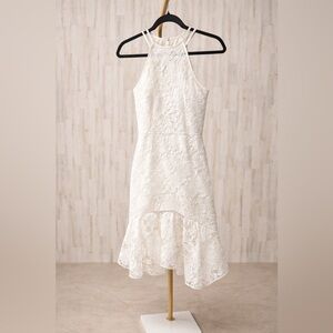 Theia White halter neck dress with lace detail